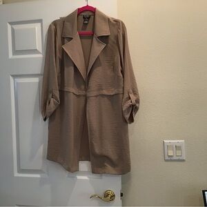 SOHO APPAREL LTD. Taupe lightweight long drape coat, rolled Button up sleeves.
